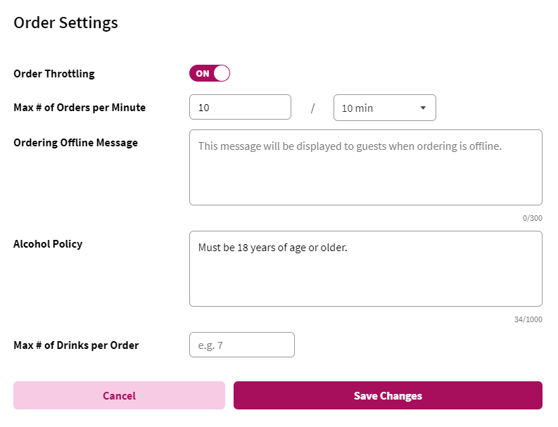 Order Settings (Orders screen)